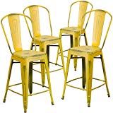 Cheap Flash Furniture 4 Pk. 24” High Distressed Yellow Metal Indoor-Outdoor Counter Height Stool with Back