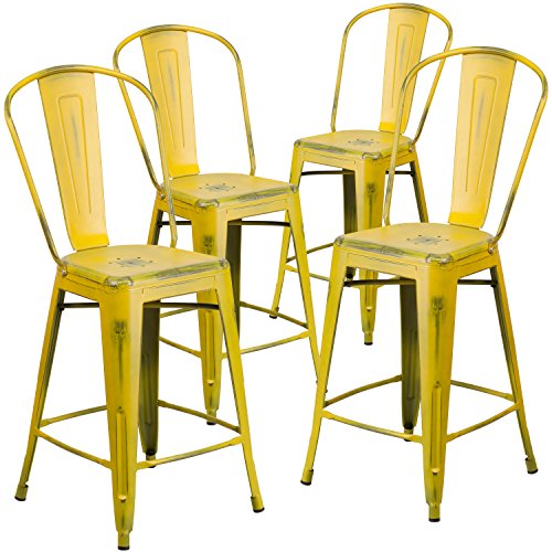 Flash Furniture 4 Pk. 24'' High Distressed Yellow Metal Indoor-Outdoor Counter Height Stool with Back