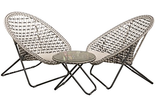 The Tribeca Patio Lounge Chairs and Table, Set of 3, Modern 3D Cubic Patter, Folding Legs, Glass Top Table, All Weather Wicker, Woven, Metal, Gray, Beige and Black, 33 Inches High, By WHW Review