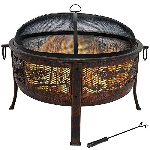Sunnydaze Northwoods Fishing Fire Pit, 30-Inch Diameter, with Spark Screen