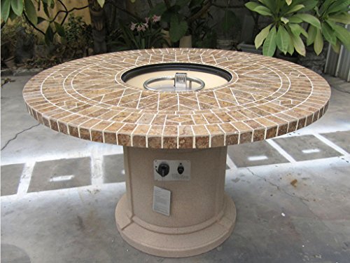 Cheap Gas Fireplace Fire Pit Outdoor, Porcelain Mosaic Tile 48″ Table, Patio, Deck, Propane Line or Tank 50,000 BTU, Tan Base
