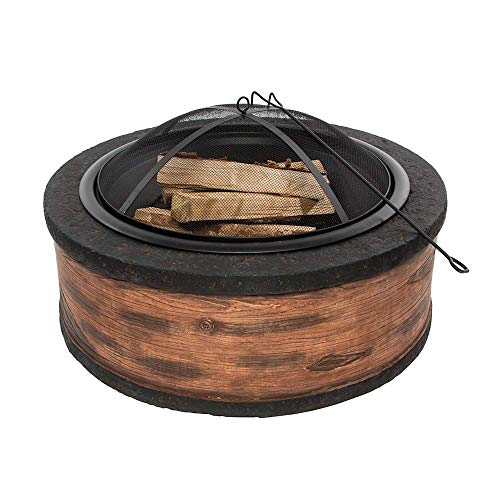Rustic Brown Wood Burning Fire Pit 35″ Diameter Steel Base w/ 26″ Mesh Screen Spark Protector w/ Lift Hook, Large Heat Resistant Fire Bowl, Appealing Rustic Wood Simulated Base For Sale