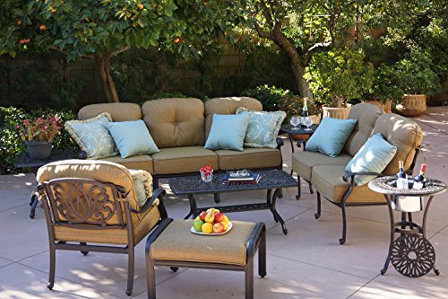 Darlee Elisabeth Cast Aluminum 8-Piece Deep Seating Conversation Set with Cushions, Series 30 End Tables and Coffee Table, Antique Bronze Finish