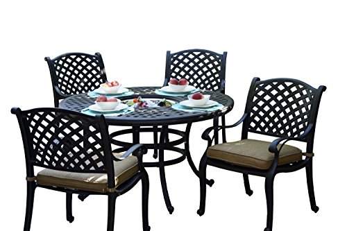 Darlee Nassau Cast Aluminum 5-Piece Dining Set with Seat Cushions and 52-Inch Round Dining Table with Ice Bucket Insert, Antique Bronze Finish Review