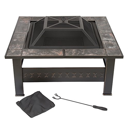 Fire Pit Set, Wood Burning Pit -Includes Screen, Cover and Log Poker- Great for Outdoor and Patio, 32 Inch” Marble Tile Square Firepit by Pure Garden