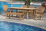 New 7 Pc Luxurious Grade-A Teak Dining Set – 94″ Double Extension Rectangle Table, 5 Wave Stacking Arm Chairs with 55″ Backless Bench #WHDSWV8