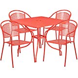 Flash Furniture 35.5” Square Coral Indoor-Outdoor Steel Patio Table Set with 4 Round Back Chairs For Sale