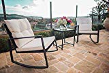 SUNCROWN Outdoor 3-Piece Rocking Bistro Set: Black Wicker Furniture-Two Chairs with Glass Coffee Table (Beige-White Cushion) SUNCROWN Outdoor 3-Piece Rocking Bistro Set: Black Wicker Furniture-Two Chairs with Glass Coffee Table (Beige-White Cushion)