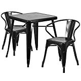 Flash Furniture 23.75” Square Black Metal Indoor-Outdoor Table Set with 2 Arm Chairs For Sale Flash Furniture 23.75” Square Black Metal Indoor-Outdoor Table Set with 2 Arm Chairs For Sale