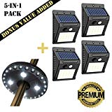 YUNIC LED Motion Sensor Security Solar Lights Outdoor 5-in-1 Value Pack, 4 Solar Motion Sensor LED Security Lights, AND 1 Bonus Patio Umbrella LED Light for Backyard, Garden, Entrance Walkway and More