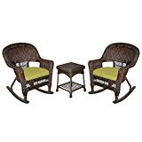 Jeco W00201R-A_2-RCES029 3 Piece Rocker Wicker Chair Set with Green Cushion, Espresso For Sale