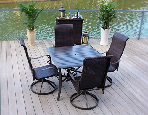 5pc Cast Aluminum Swivel Rocking Wicker Patio Furniture Dining Set with Slat Top Table – Bronze