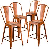 Flash Furniture 4 Pk. 24” High Distressed Orange Metal Indoor-Outdoor Counter Height Stool with Back Review