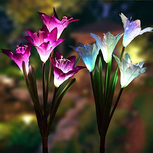 Cheap Solar Lights Outdoor New Upgraded Solar Garden Lights, LED Multi-Color Changing Lily Solar Flower Lights for Patio,Yard Decoration, Bigger Flower and Wider Solar Panel(2 Pack, Purple and White)