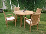 Cheap Grade-A Teak Wood Luxurious Dining Set Collections: 5pc – 52″ Round Table and 4 Cahyo Stacking Arm Chairs #TSDSCH2