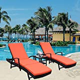 LEAPTIME Patio Lounge Chair 3pcs Outdoor Loungers Black Rattan Adjustable 5 Position PE Wicker Sunbed Furniture with Orange Cushion (3 Piece, Orange)