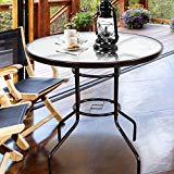 Cheap Homevibes 32″ Outdoor Patio Dining Table Tempered Glass Top Bistro Table Top Umbrella Stand Round Deck Furniture Garden Table Metal Frame, Dark Chocolate