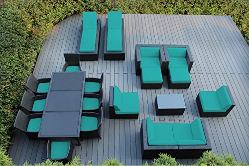 Ohana 20-Piece Outdoor Patio Furniture Sofa, Dining and Chaise Lounge Set, Black Wicker with Sunbrella Aruba Cushions – Free Patio Cover