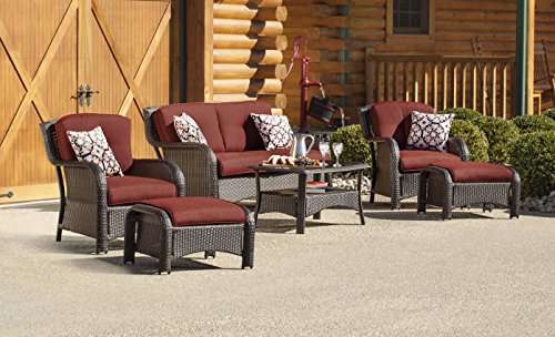 Hanover STRATHMERE6PCRED Strathmere 6-Piece Steel-Frame Wicker Outdoor Patio Seating Set with Crimson Red Cushions, 4 Throw Pillows and Glass-Top Coffee Table Review