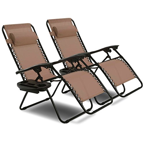 Cheap Goplus Zero Gravity Chair Set 2 Pack Adjustable Folding Lounge Recliners for Patio Outdoor Yard Beach Pool w/Cup Holder, 300-lb Weight Capacity (Brown)