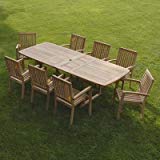 New 9pc Grade-A Teak Outdoor Dining Set-one Double Extension Table & 8 Patara Stacking Arm Chairs plus cushions