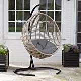 Boho-chic-style Resin Wicker Kambree Rib Hanging Egg Chair with Cushion and Stand in Driftwood Finish