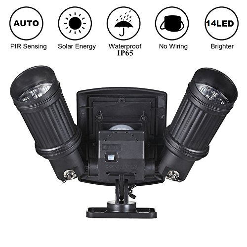 Dual Solar Sensor Lights, Solar Security Light Outdoor 14 LED Dual Head Adjustable Spotlight Wall Lights for Patio, Deck, Garage Door, Porch and Garden, Driveway (1 Pack) For Sale