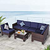 Cheap Diensday Outdoor Furniture 7-Piece Sectional Sofa Set All Weather Brown Wicker Deep Seating with Navy Blue Waterproof Olefin Cushions & Sophisticated Glass Coffee Table | Patio, Backyard, Pool, Porch