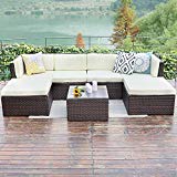Wisteria Lane Outdoor Rattan Sectional Sofa,7-Piece Patio Furniture Set Chair Couch Ottoman&Coffee Table,Brown Wicker Sofa Light Yellow Washable Cushions Review