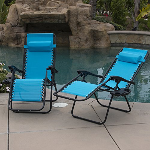 Belleze Sky Blue Zero Gravity Lounge Chair Recliner for Outdoor Beach Patio Pool with Cup Holder Tray, Set of (2) For Sale