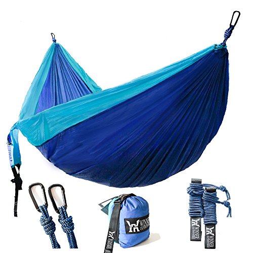 Winner Outfitters Double Camping Hammock – Lightweight Nylon Portable Hammock, Best Parachute Double Hammock For Backpacking, Camping, Travel, Beach, Yard. 118″(L) x 78″(W), Sky Blue/Blue Color Review