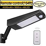 Licwshi 48 LED 4500mAh Solar Light, IP65 Waterproof Outdoor Security Night Light, Wireless Wall Lamp with Motion Sensor and Remote Control for Garden, Fence, Patio, Yard, Gate – Warm White Light