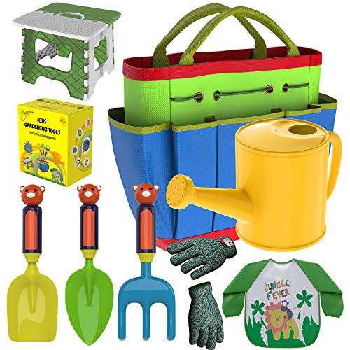 Kids Gardening Tools Outdoor Toys Set – Garden Gloves – Smock Apron – Foldable Work Bench Stool – Backyard Outside Toys Metal Shovel Rake Trowel – Plastic Handle- Watering Can Jug- Carrying Tote Bag For Sale
