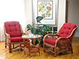 3 PC Malibu Design Natural Handmade Rattan Wicker Light Brown Set: 2 Lounge Arm Chairs with Burgundy Cushions and Coffee Table Review