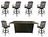 Cheap Propane fire Pit Outdoor bar Height Dining 7 Piece Set cast Aluminum Patio Furniture Sunbrella Cushions