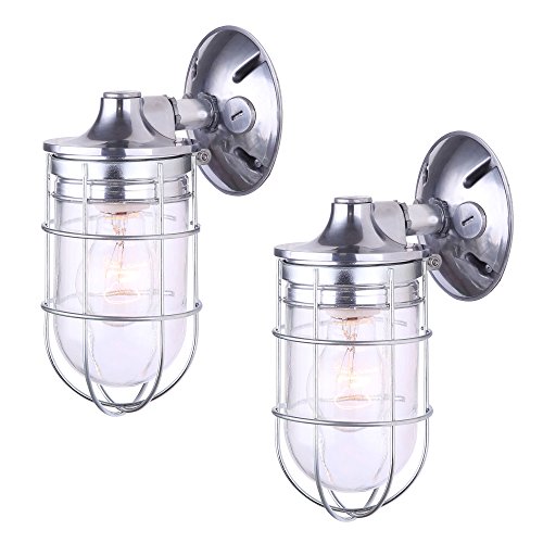 Cheap 2 Pack of Weatherproof Exterior Outdoor Cage Light Wall or Ceiling Mount Lantern Industrial Barn Sconce, Silver