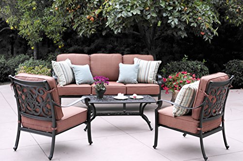 Darlee St. Cruz Cast Aluminum 4 Piece Conversation Set with Seat & Back Cushions, Antique Bronze Finish