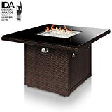 Outland Living Series 410 Brown 36-Inch Outdoor Propane Gas Fire Pit Table, Black Tempered Tabletop w/Arctic Ice Glass Rocks and Resin Wicker Panels, Espresso Brown/Square