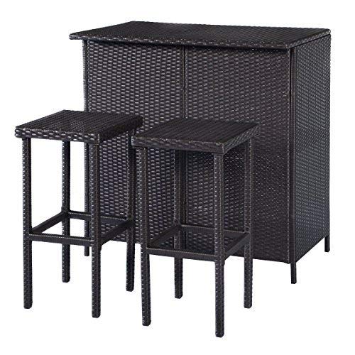 TANGKULA 3 Piece Patio Bar Set Rattan Wicker Bar Stools & Table for Lawn Pool Backyard Garden Dining Set with 2 Storage Shelves Indoor Outdoor Moder Wicker Bar Furniture For Sale
