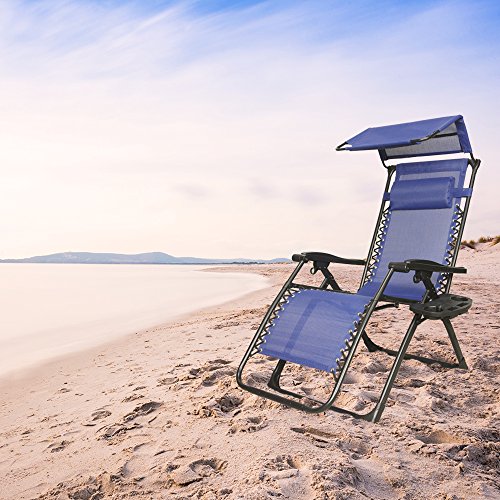 EACHPOLE Reclining Infinity Zero Gravity Outdoor Lounge Patio Chair with Sun Canopy and 2-Cup Holder, Blue, APL1555 For Sale