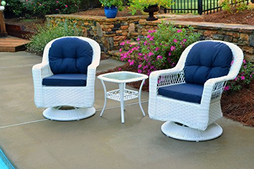 Cheap Tortuga Outdoor Biloxi 3 Piece Swivel Patio Bistro Table Set, White with Navy Cushions