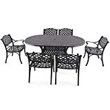 Nuu Garden 7 Piece Outdoor Solid Cast Aluminum Patio Dining Conversation Set with 72” x 42” Oval Table and 6 High Back Arm Chairs, Antique Bronze (No Cushions) SCD002-02