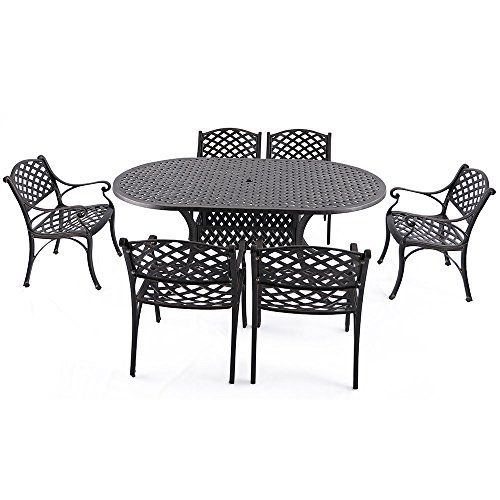 Nuu Garden 7 Piece Outdoor Solid Cast Aluminum Patio Dining Conversation Set with 72” x 42” Oval Table and 6 High Back Arm Chairs, Antique Bronze (No Cushions) SCD002-02