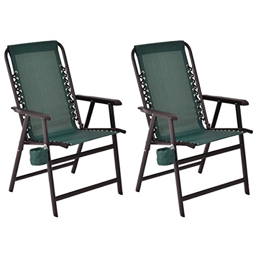 2 pcs of Folding Arm Chair Outdoor Textilene Steel Frame with Cup Holder Green