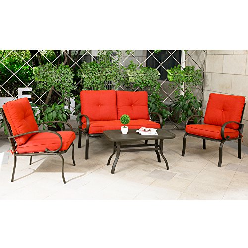 Cloud Mountain 4 Piece Patio Furniture Set Outdoor Conversation Set Cushioned Sofa Set Garden Love Seat Wrought Iron Coffee Table Loveseat Sofa 2 Chairs, Brick Red