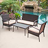 Cheap Belleze 4-PC Outdoor Patio Set Furniture Wicker Seat Comfortable Cushion Yard Coffee Table UV Resistant Backyard, Brown