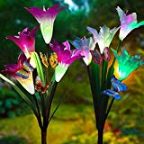 Cheap Adamluvs Solar Flower Lights, Solar Lights Outdoor, Multi-Color Changing LED Flower Lights, 2 Pack Lily Flowers with Bonus 12 Pcs Artificial Butterflies (Purple&White)