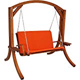 Cheap Sunnydaze Deluxe 2 Person Wooden Patio Swing with Burnt Orange Cushions for Patio, Deck or Yard