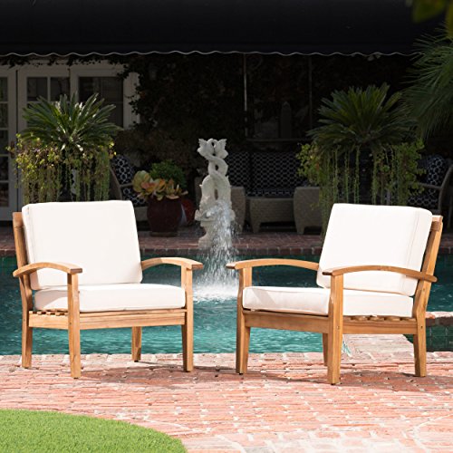 Cheap Preston Outdoor Wooden Club Chairs w/Beige Cushions (Set of 2)