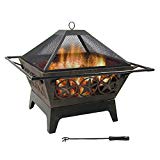 Sunnydaze Northern Galaxy Fire Pit, Large Square Outdoor Wood Burning Patio Firepit with Cooking Grate and Spark Screen, 32 Inch For Sale